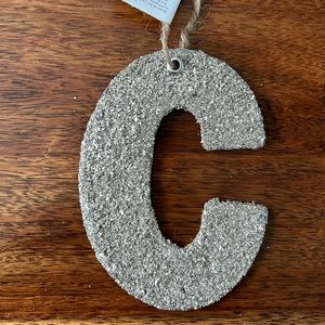 Pottery Barn German Silver Glitter Letter Initial “C”; ornament gift Tag NWT